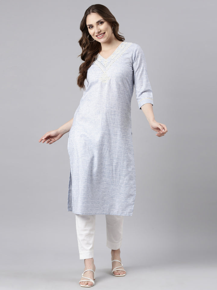Neerus Blue Regular Straight Checked Kurtas