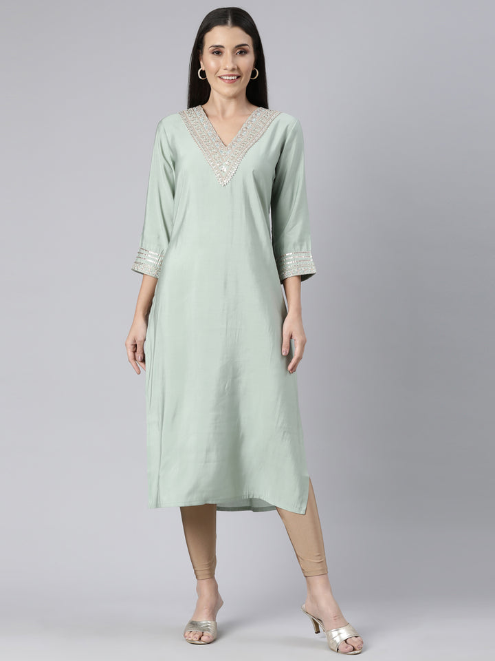 Neerus Green solid straight kurti for women - front view