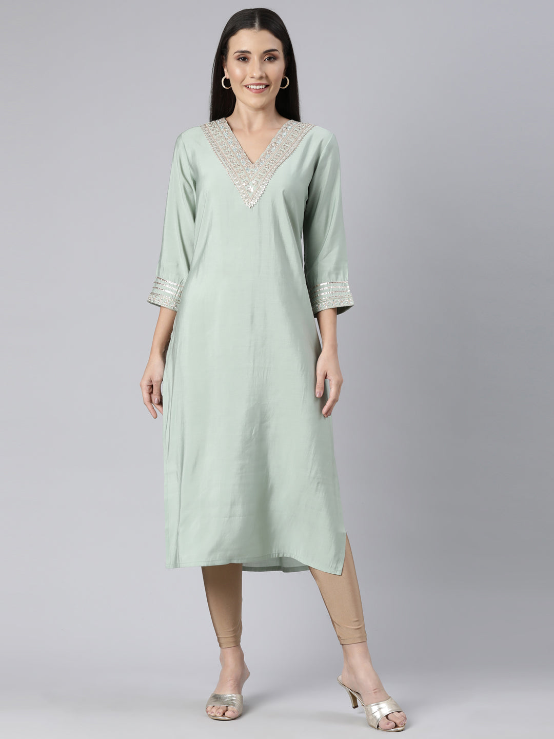 Neerus Green Regular Straight Solid Kurtas