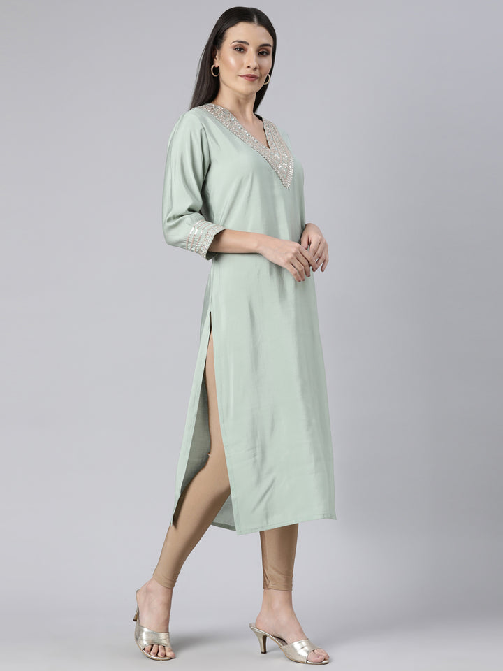 Neerus Green solid straight kurti for women - back view