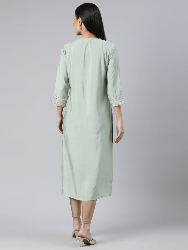 Neerus Green solid straight kurti for women - side view