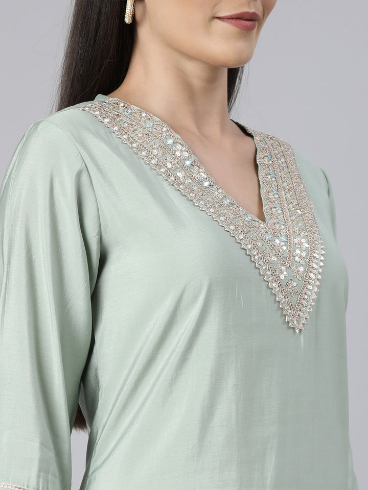 Neerus Green solid straight kurti for women - detail view 1