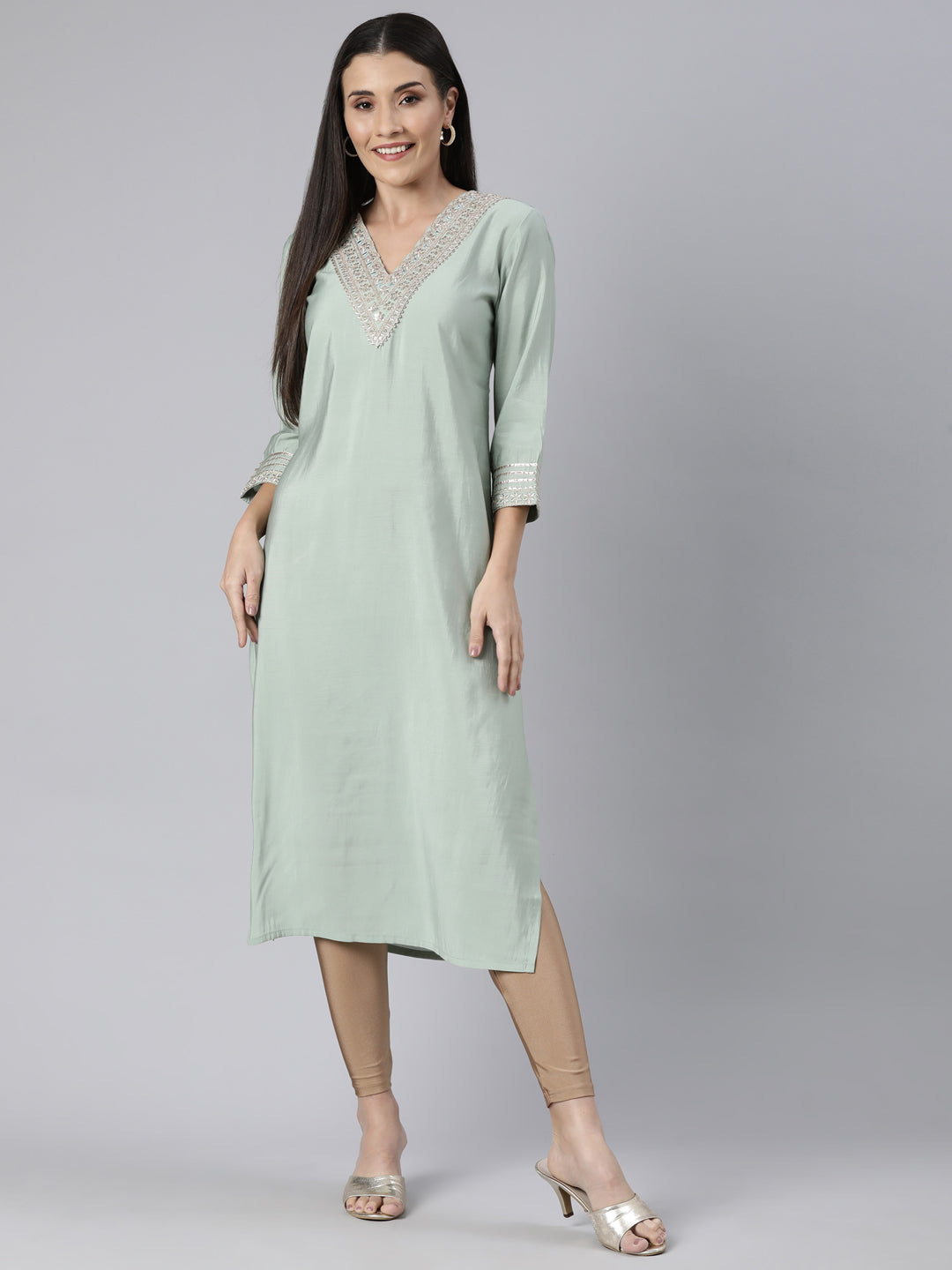 Neerus Green solid straight kurti for women - detail view 2