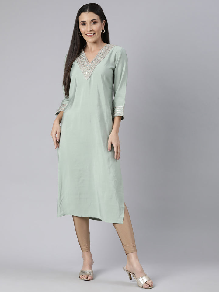 Neerus Green solid straight kurti for women - detail view 2