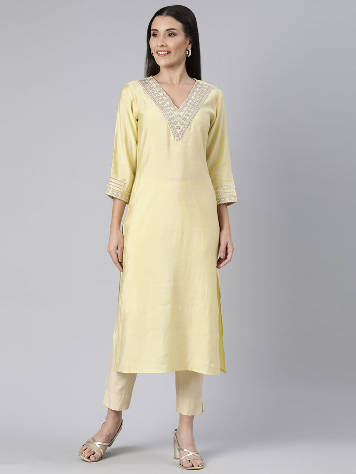 Neerus Yellow Regular Straight Solid Kurtas