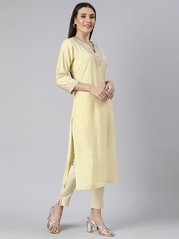 Neerus Yellow Regular Straight Solid Kurtas