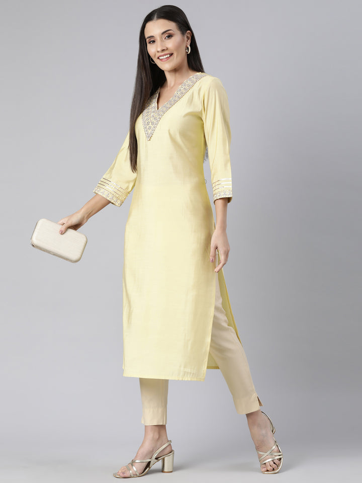 Neerus Yellow Regular Straight Solid Kurtas