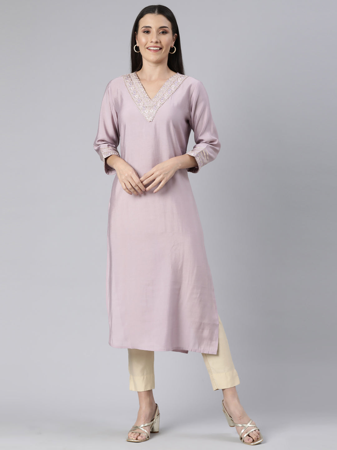 Neerus Purple solid straight kurti - front view