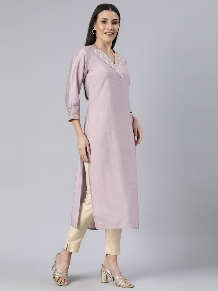 Neerus Purple solid straight kurti - back view