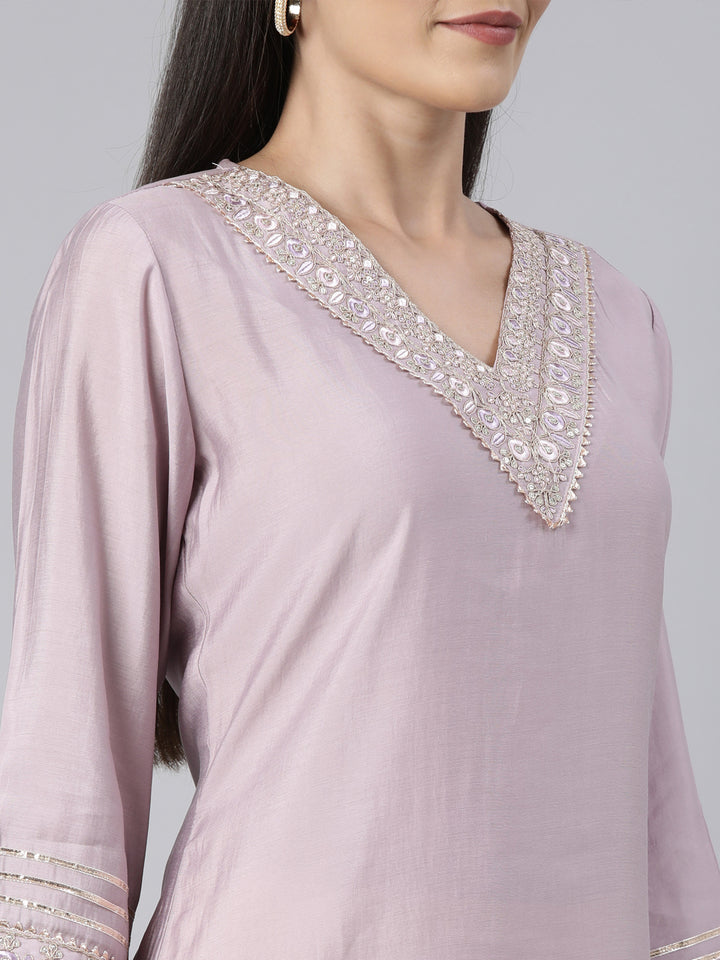 Neerus Purple solid straight kurti - detail view 1