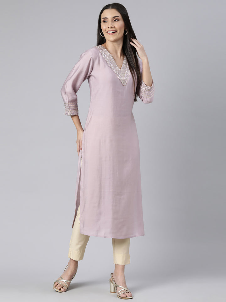 Neerus Purple solid straight kurti - detail view 2