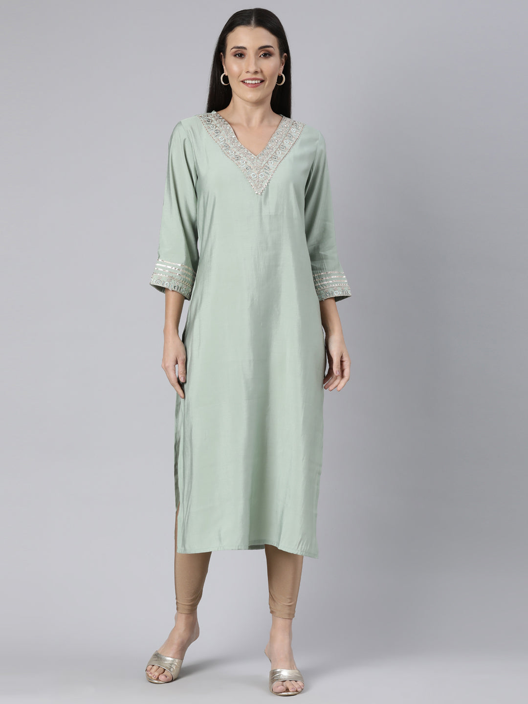 Neerus Green raw silk solid straight kurti - front view