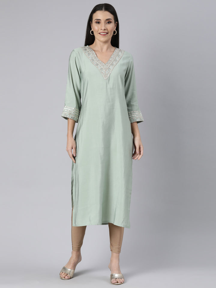 Neerus Green raw silk solid straight kurti - front view