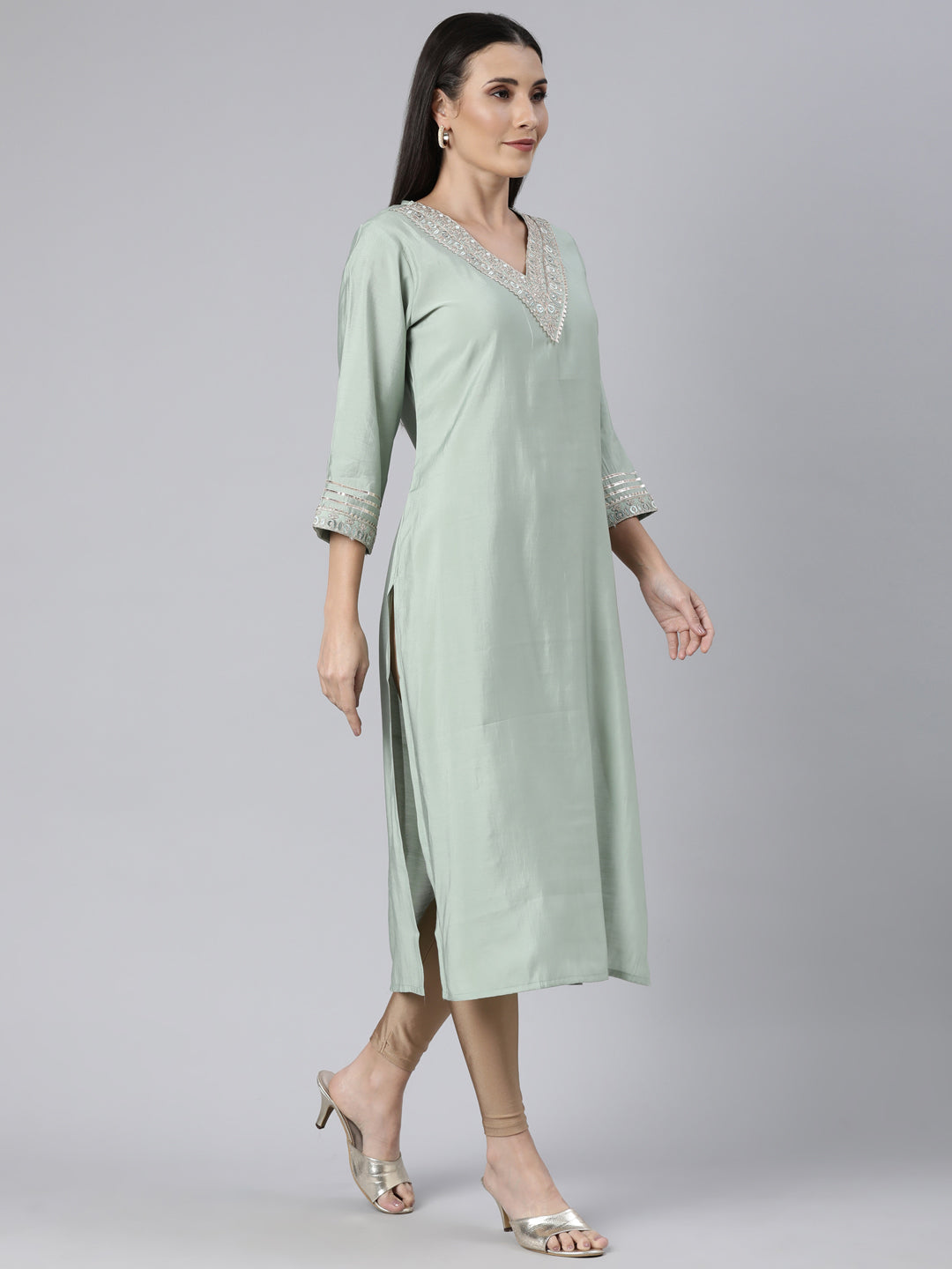 Neerus Green raw silk solid straight kurti - back view