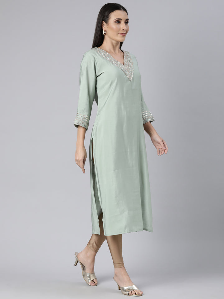 Neerus Green raw silk solid straight kurti - back view