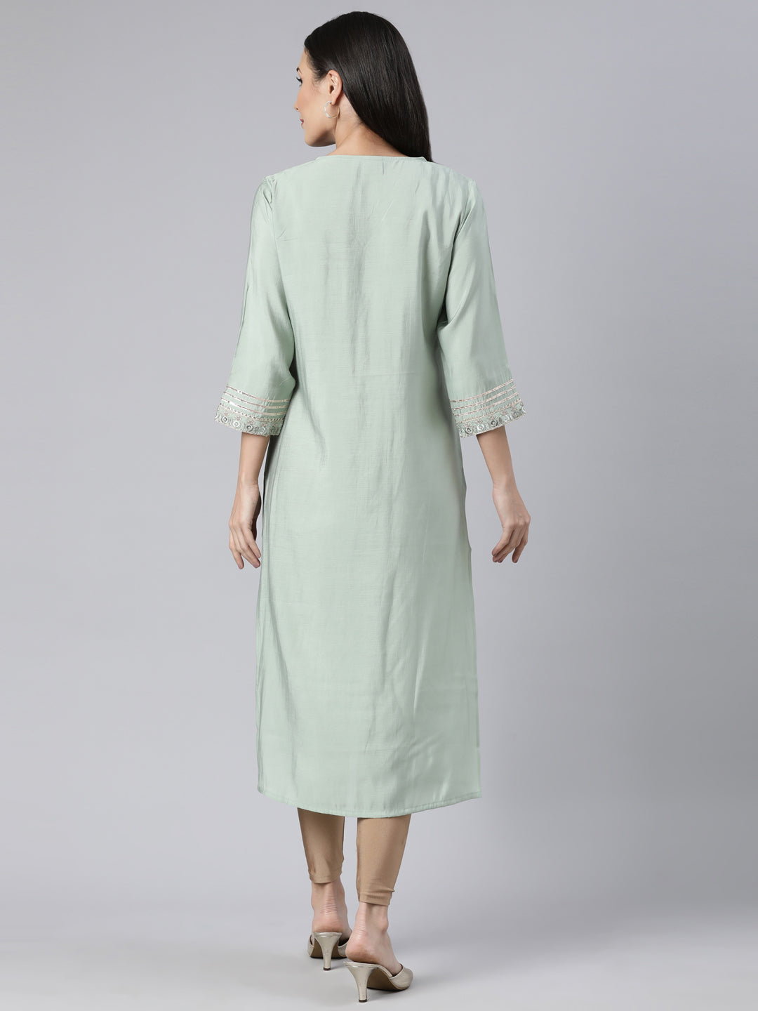 Neerus Green raw silk solid straight kurti - side view