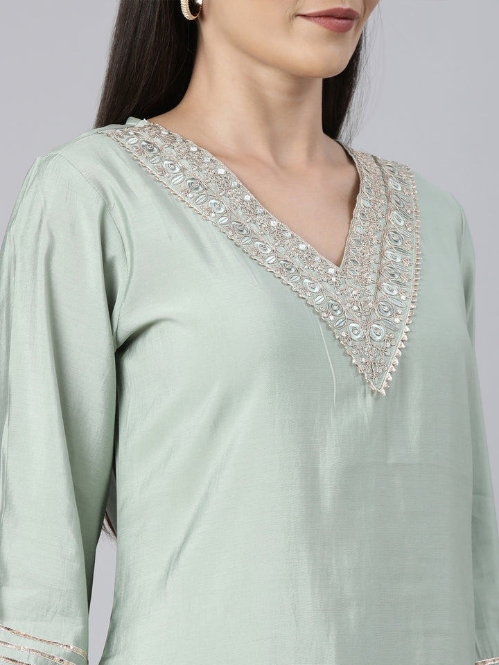 Neerus Green raw silk solid straight kurti - detail view 1