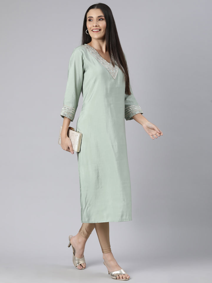 Neerus Green raw silk solid straight kurti - detail view 2