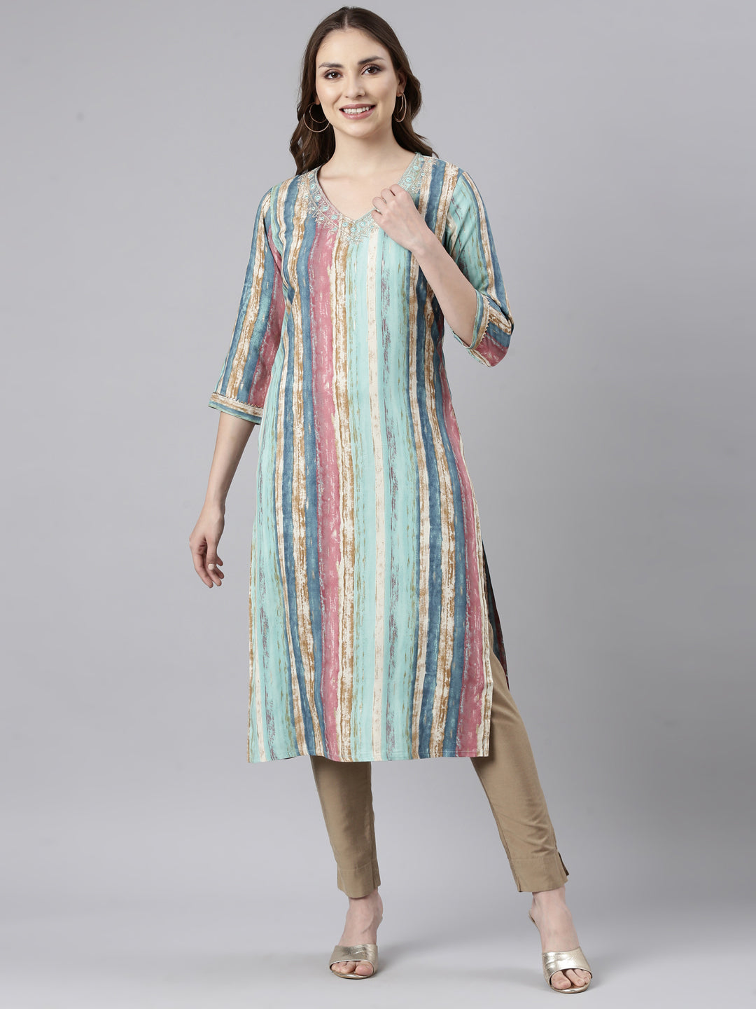 Neerus Sea Green Panelled Straight Striped Kurtas