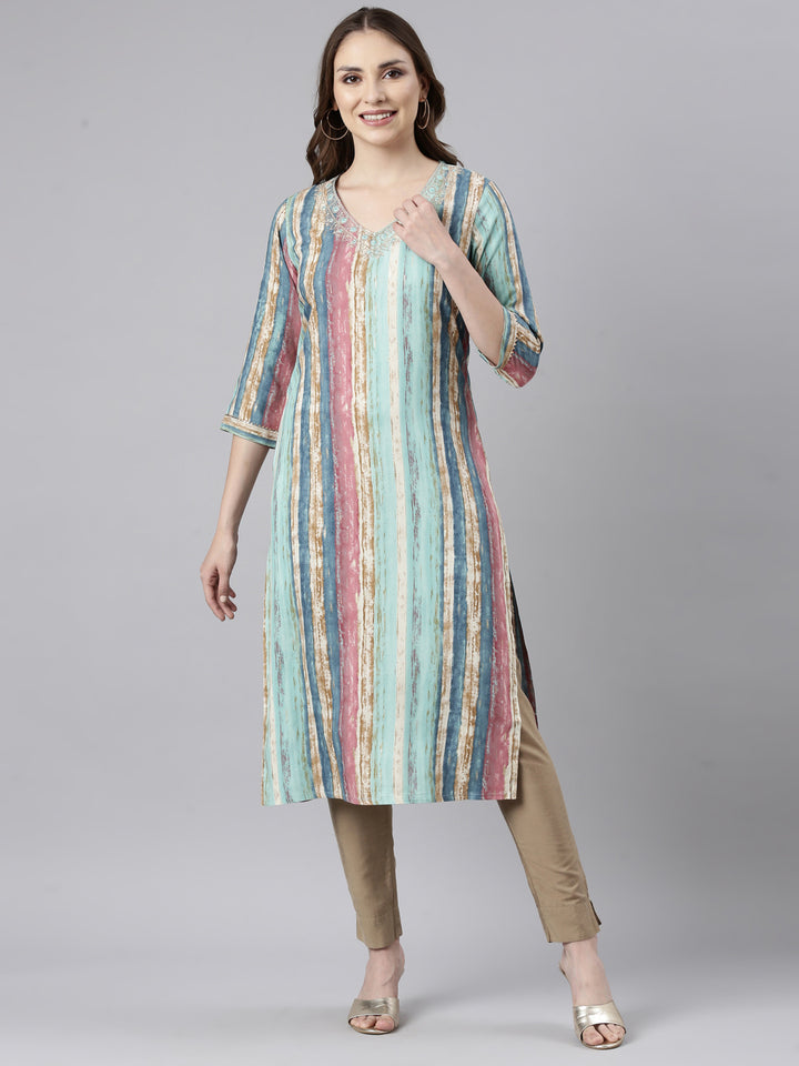 Neerus Sea Green Panelled Straight Striped Kurtas