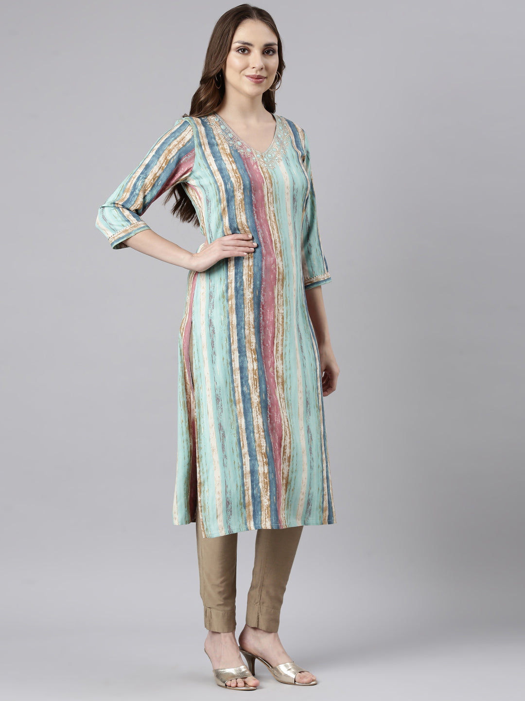 Neerus Sea Green Panelled Straight Striped Kurtas