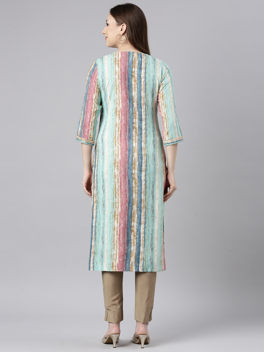 Neerus Sea Green Panelled Straight Striped Kurtas