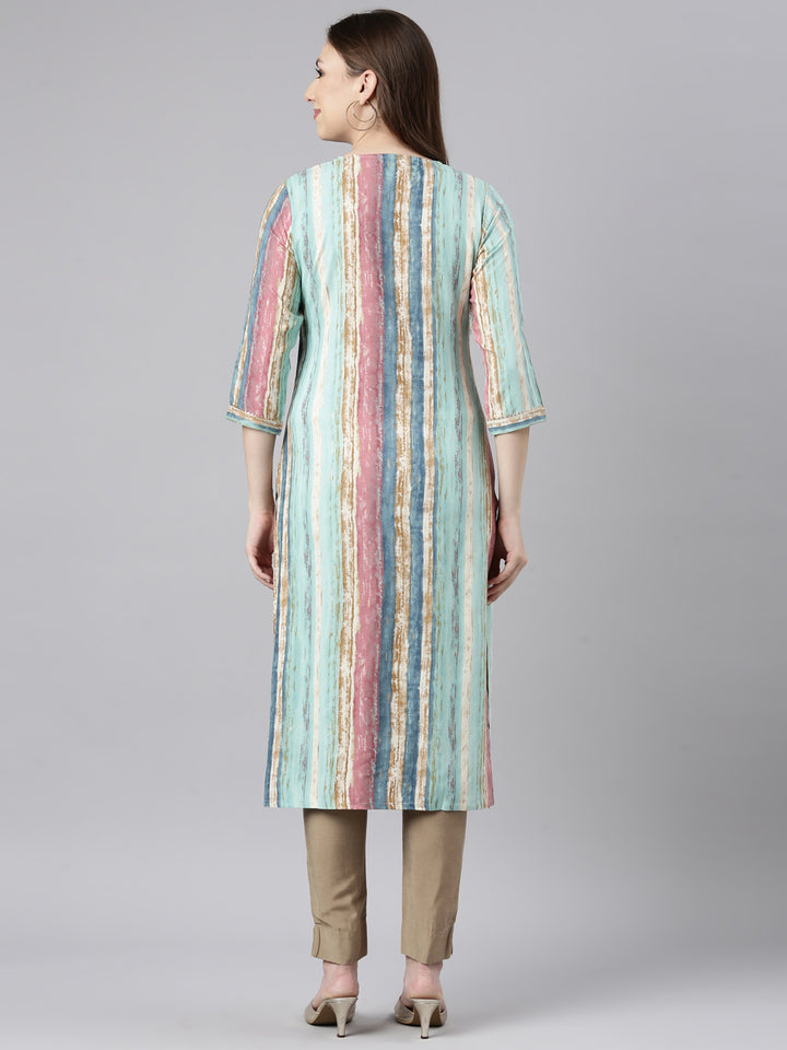 Neerus Sea Green Panelled Straight Striped Kurtas