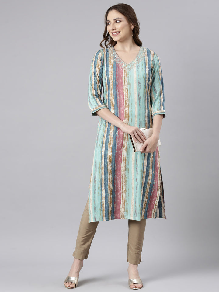 Neerus Sea Green Panelled Straight Striped Kurtas