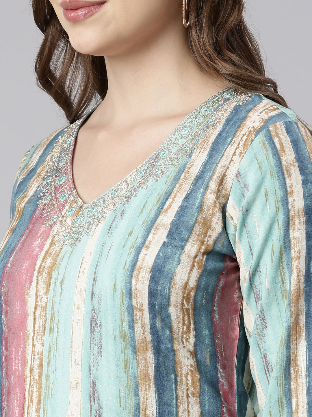 Neerus Sea Green Panelled Straight Striped Kurtas