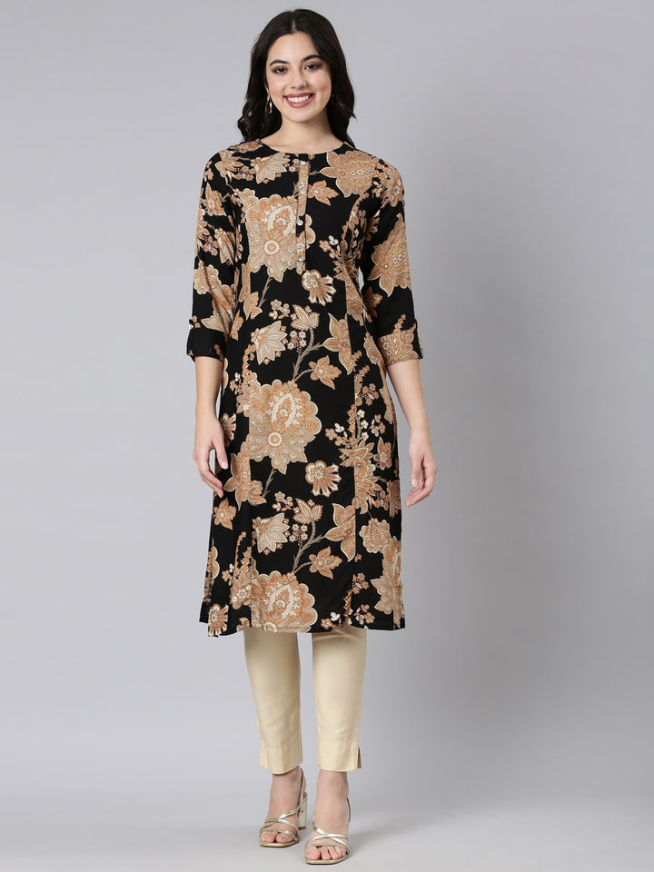 Neerus Black floral printed panelled kurti - front view