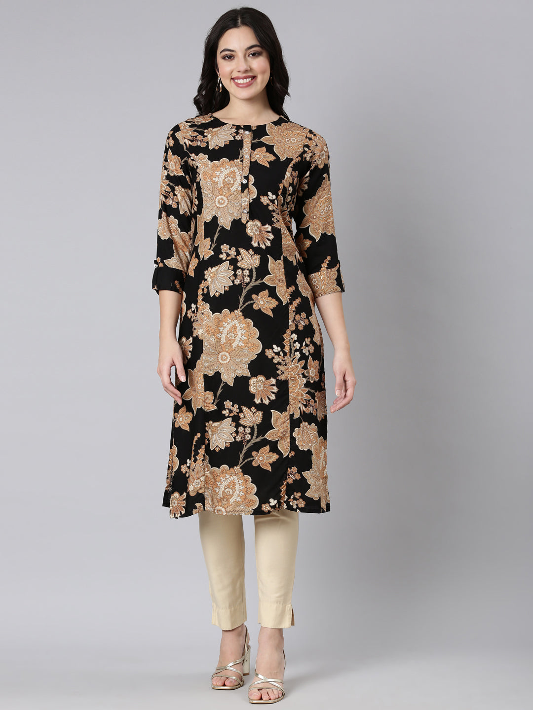 Neerus Black Panelled Straight Floral Kurtas