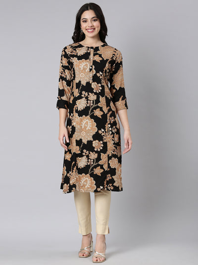 Neerus Black Panelled Straight Floral Kurtas