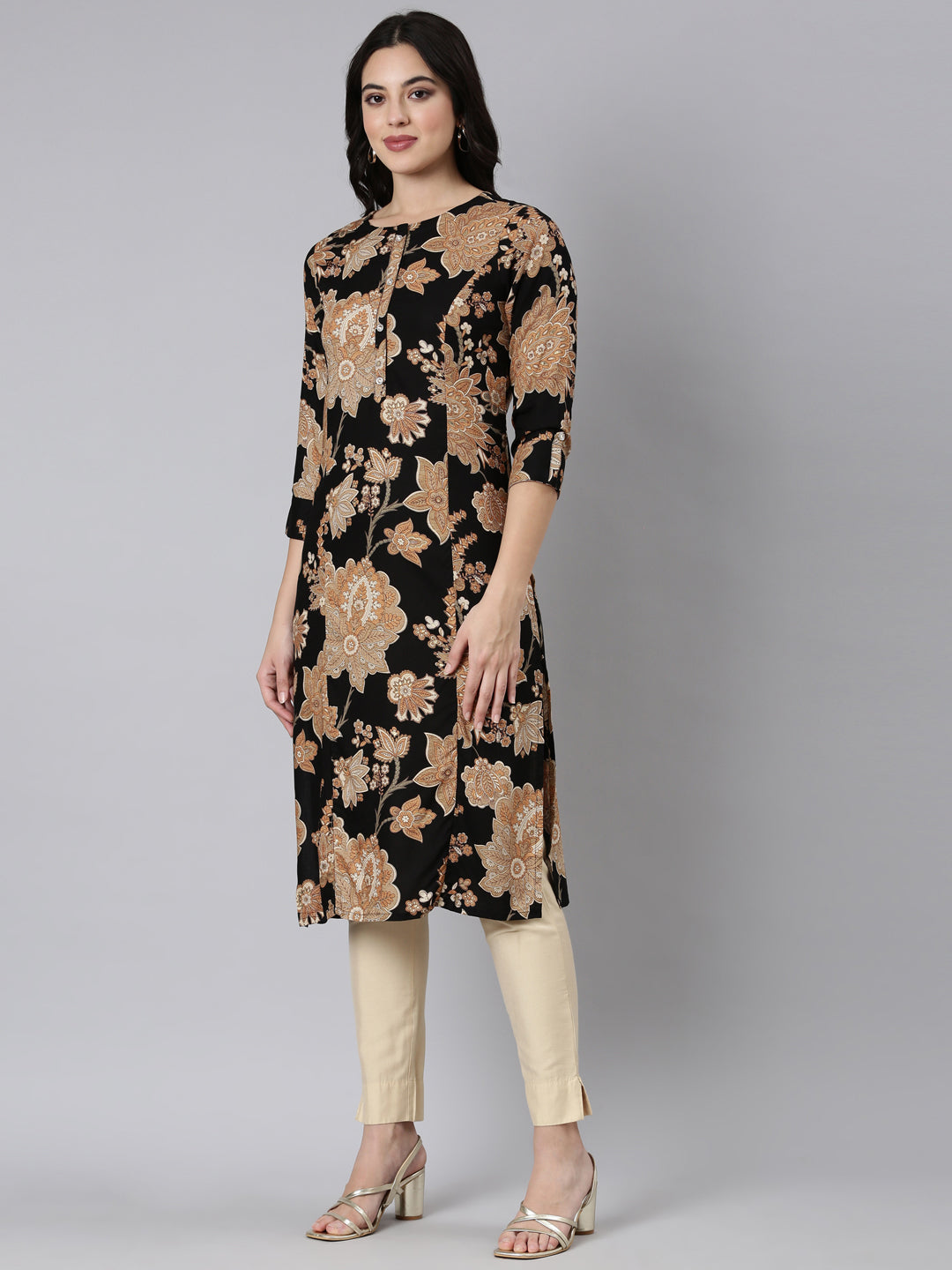 Neerus Black Panelled Straight Floral Kurtas