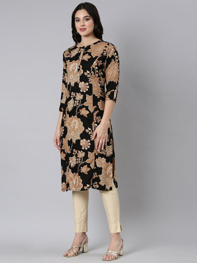Neerus Black Panelled Straight Floral Kurtas