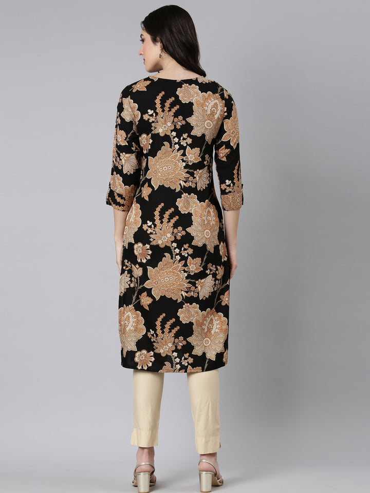 Neerus Black floral printed panelled kurti - side view