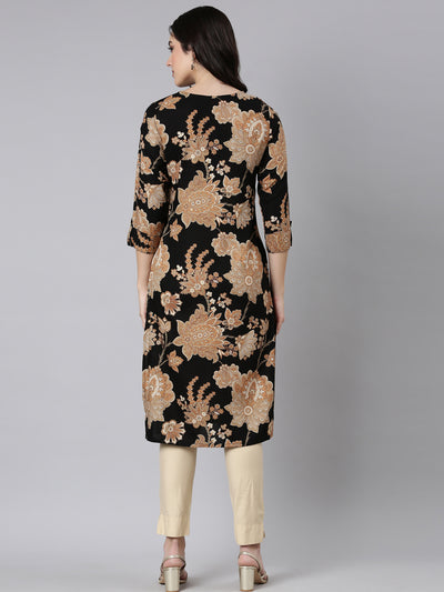 Neerus Black Panelled Straight Floral Kurtas