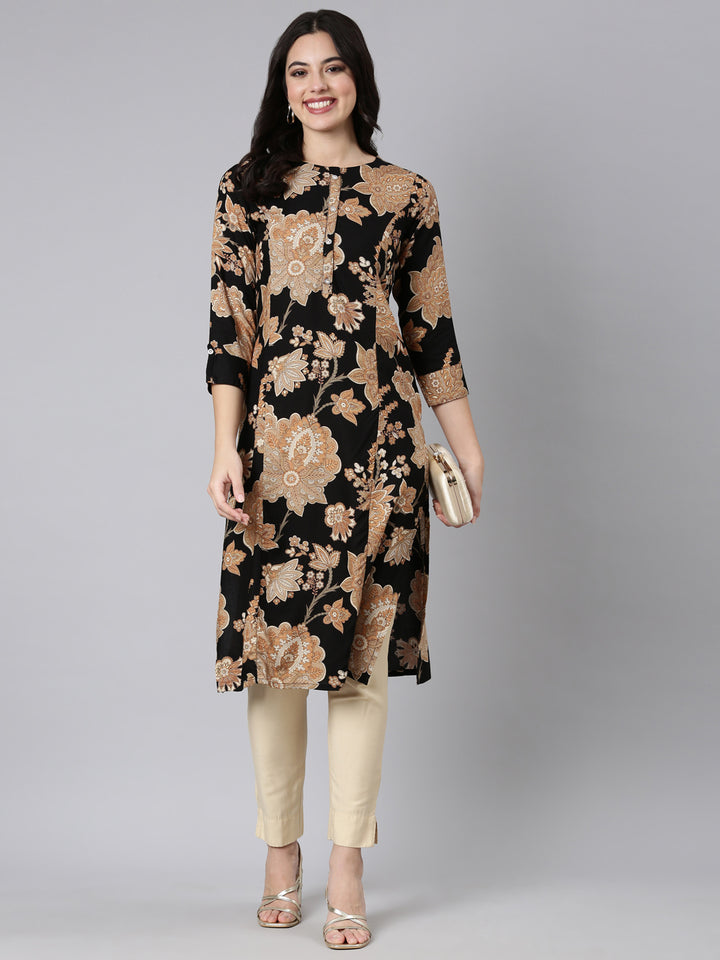 Neerus Black floral printed panelled kurti - detail view 1