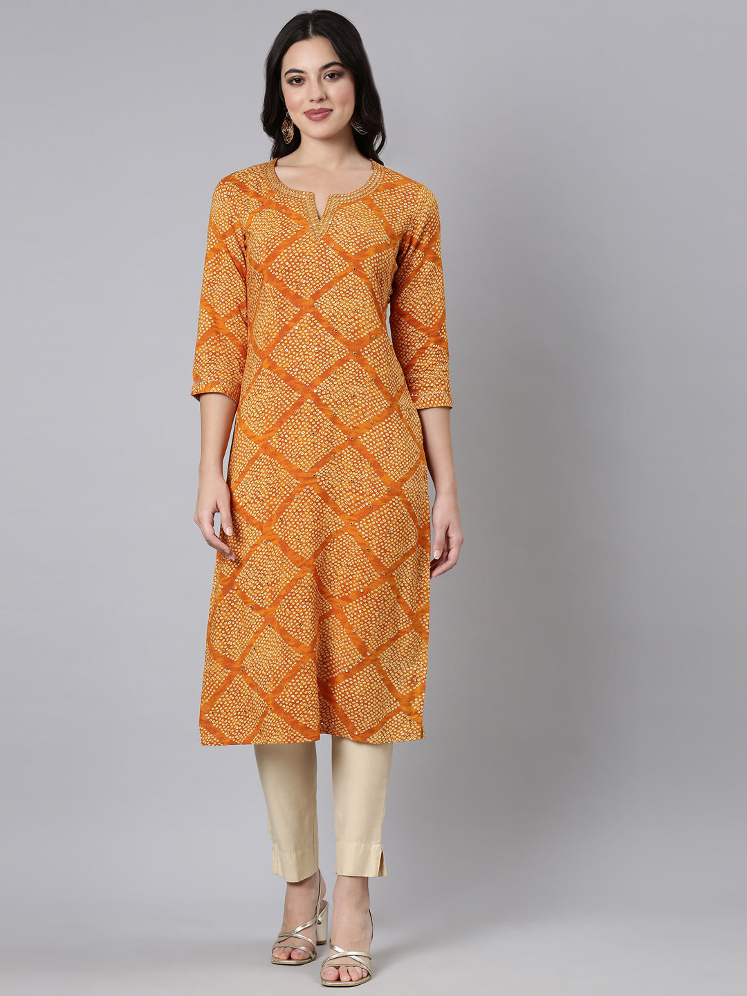 Neerus Mustard Panelled Straight Bandhani Kurtas