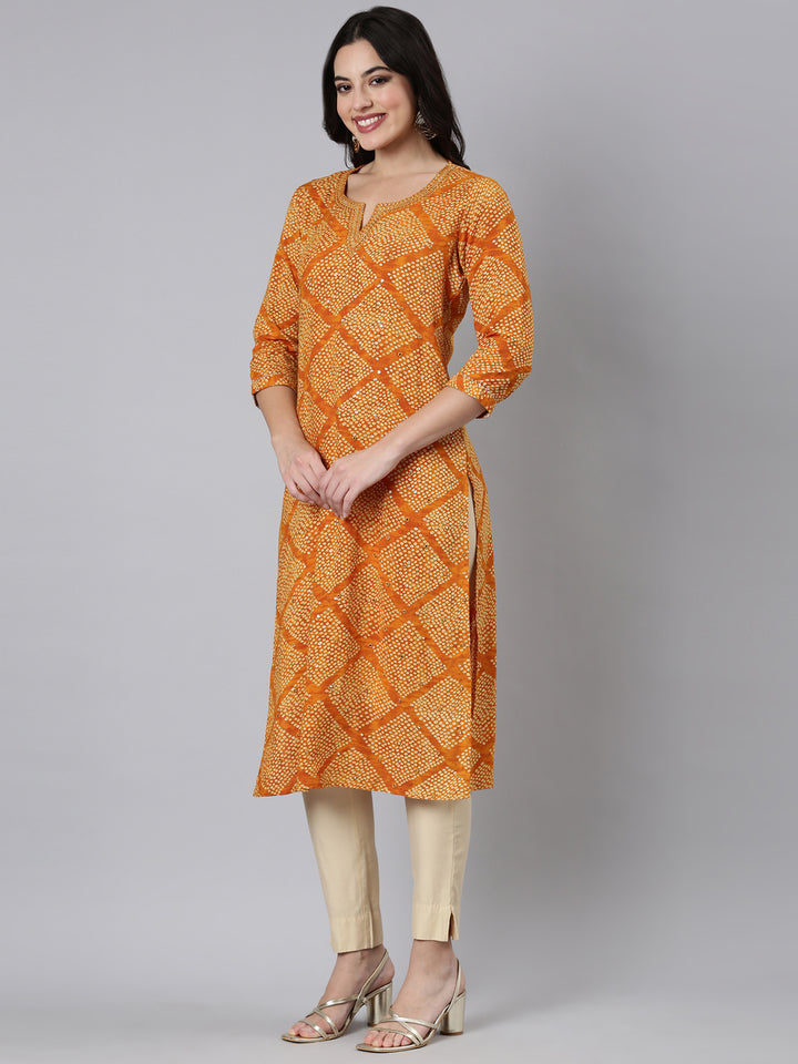 Neerus Yellow Bandhani printed straight kurti - back view