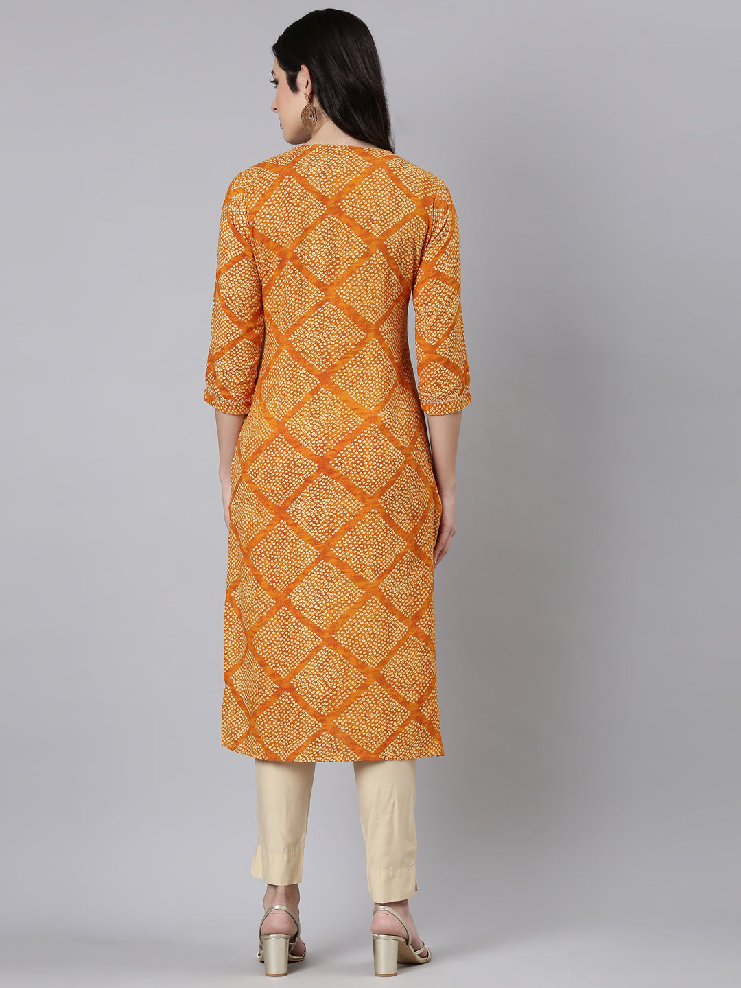 Neerus Mustard Panelled Straight Bandhani Kurtas