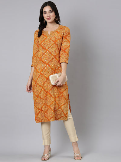 Neerus Mustard Panelled Straight Bandhani Kurtas