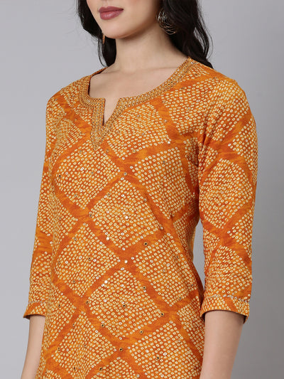 Neerus Mustard Panelled Straight Bandhani Kurtas