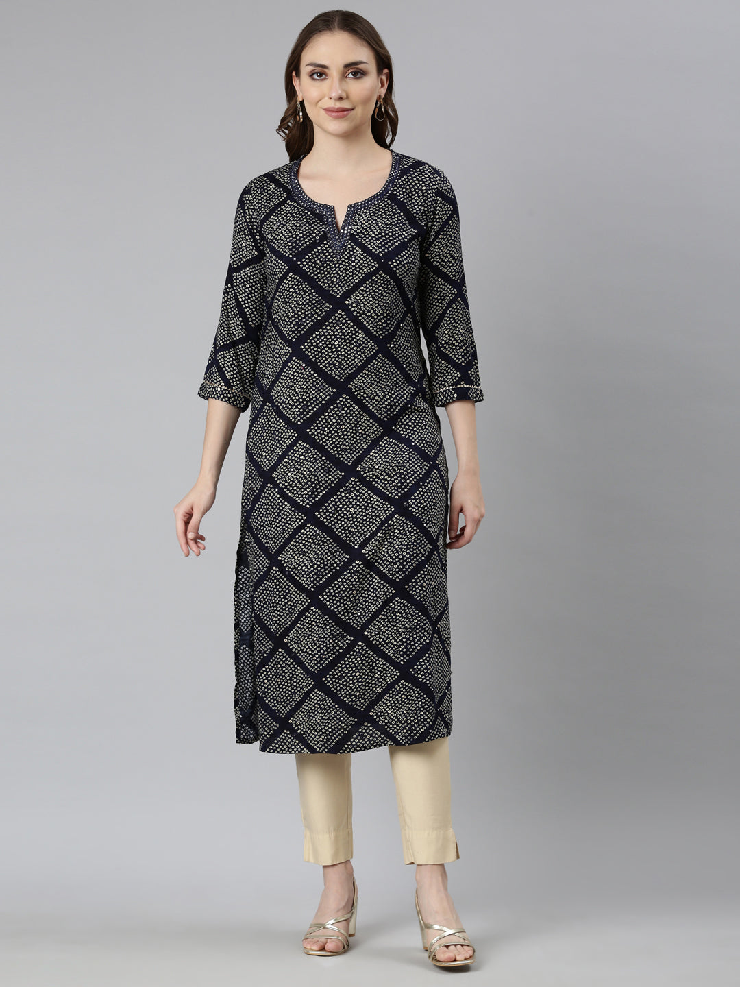 Neerus Blue rayon bandhani printed straight kurti - front view