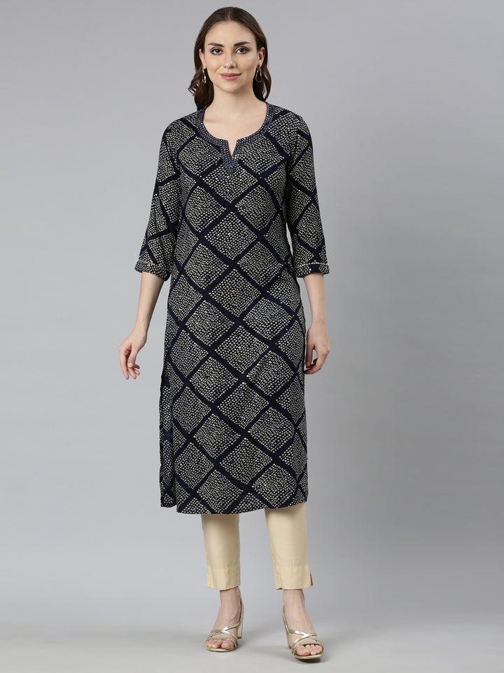 Neerus Blue rayon bandhani printed straight kurti - front view
