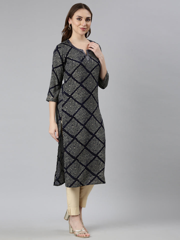 Neerus Blue rayon bandhani printed straight kurti - back view