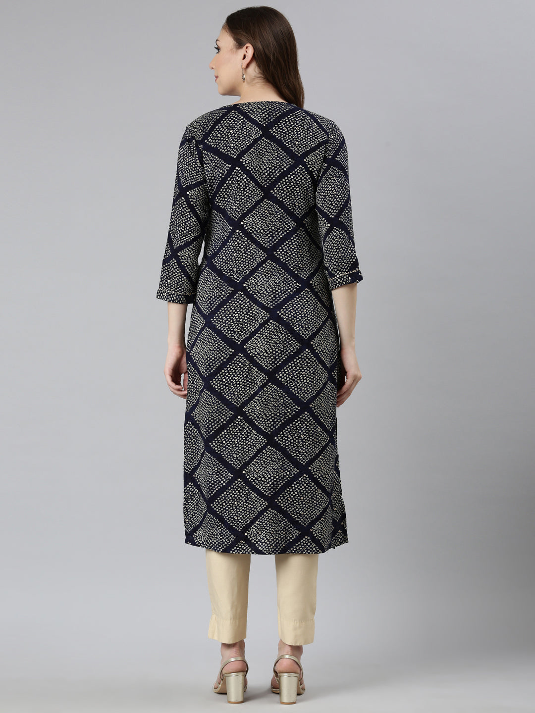 Neerus Blue rayon bandhani printed straight kurti - side view