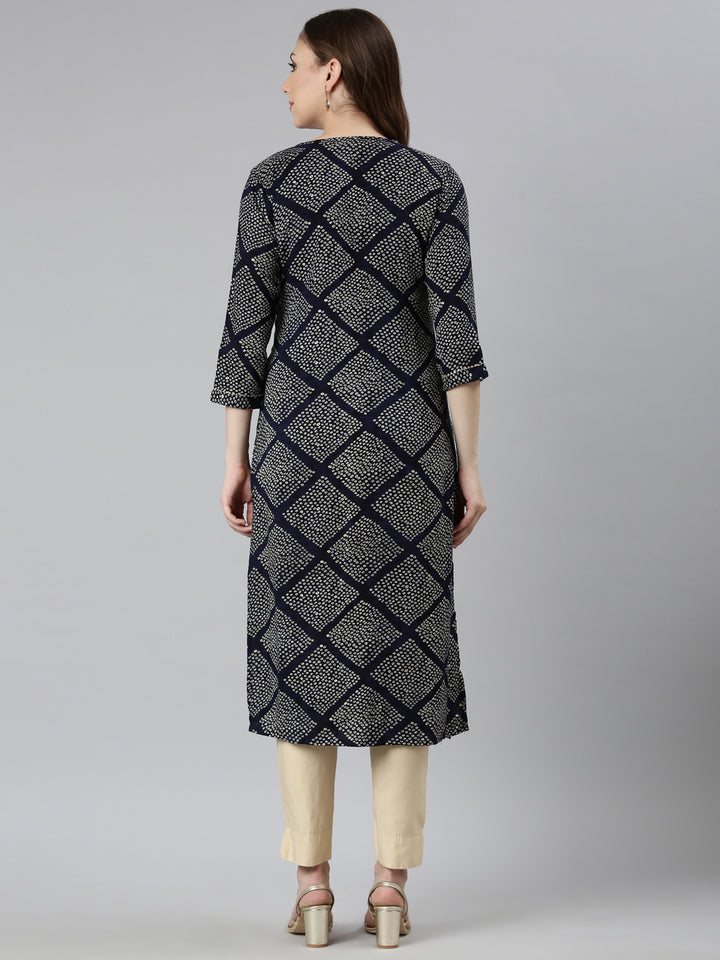 Neerus Blue rayon bandhani printed straight kurti - side view
