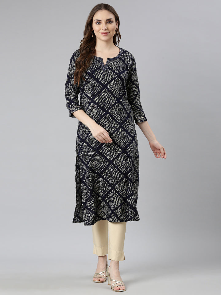 Neerus Blue rayon bandhani printed straight kurti - detail view 1