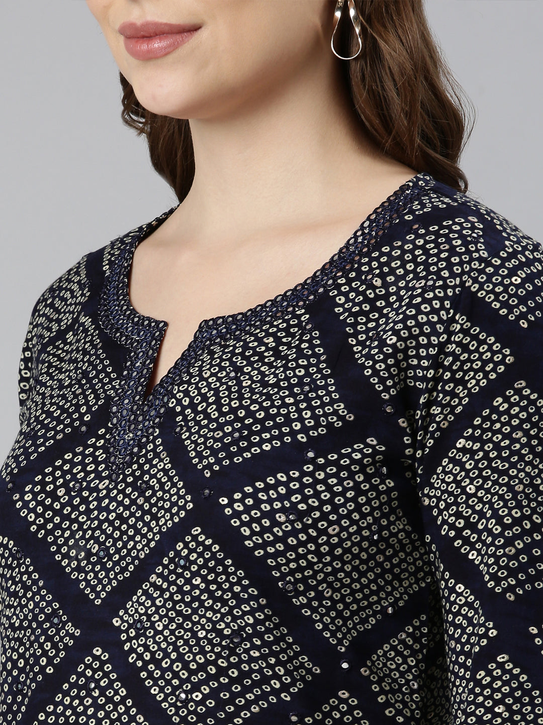 Neerus Blue rayon bandhani printed straight kurti - detail view 2