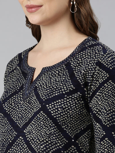 Neerus Navy Blue Panelled Straight Bandhani Kurtas